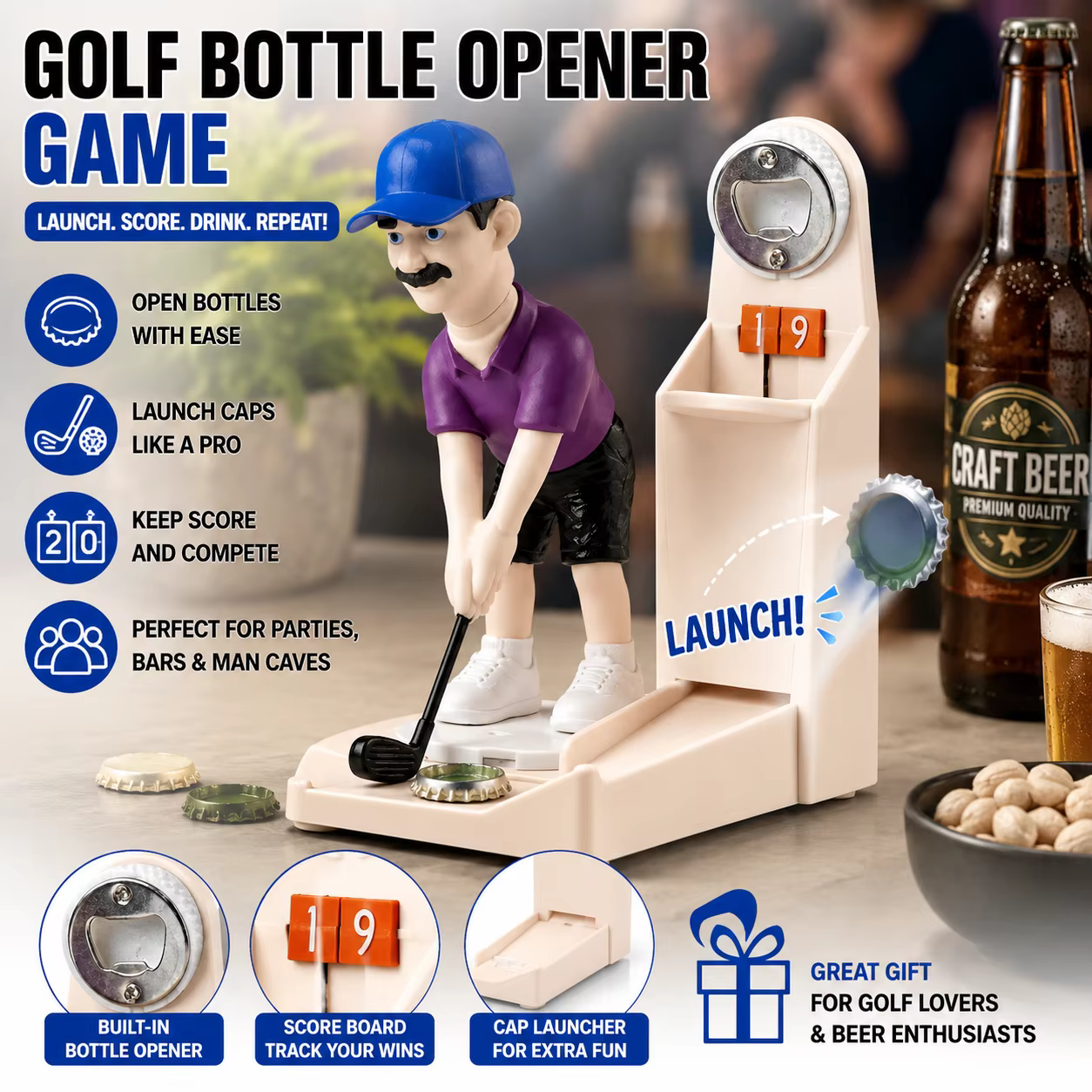 Jeu d'ouvre-bouteille de golf, jeu de lancer de capsules de bière avec tableau de scores, accessoires de bar amusants pour la décoration de la maison, cadeaux pour les amateurs de golf