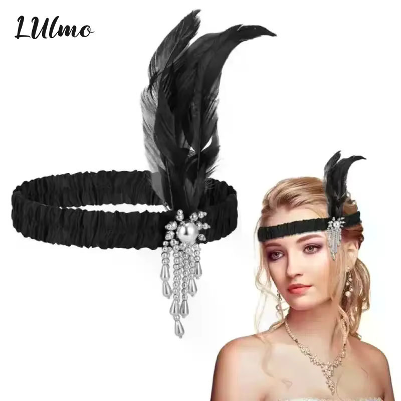Accessoires pour cheveux noirs pour femmes, bandeau perlé rétro Gatsby des années 1920, couvre-chef de fête unique pour dames, bandeau en plumes