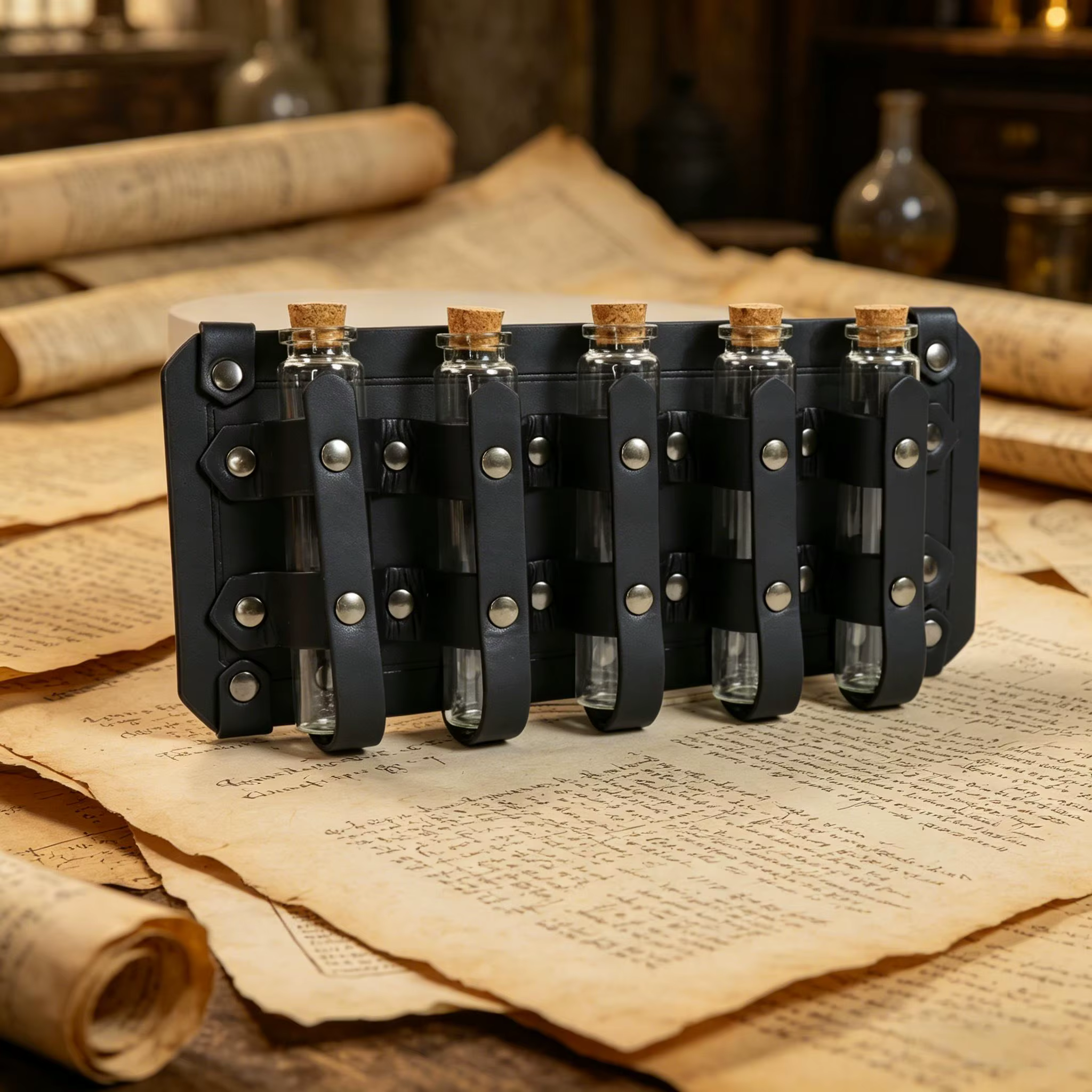Porte-potions en cuir PU style steampunk, porte-flacons magiques pour sorcier avec 5 bouteilles en verre à bouchon, accessoires de costume de cosplay