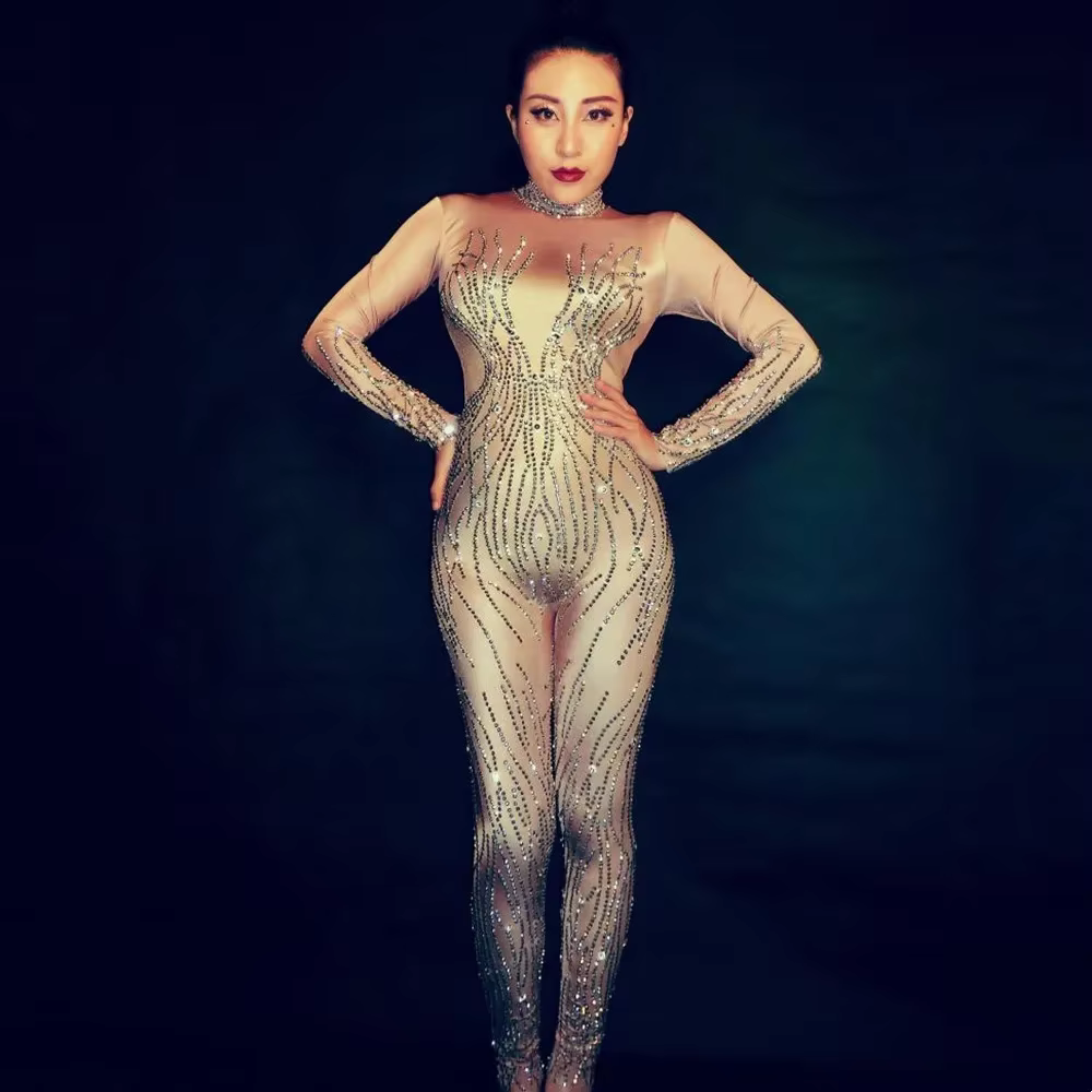 Sexy discothèque Bar femmes scène porter pôle danse justaucorps fête Rave danse Costume brillant strass nu Stretch serré combinaison