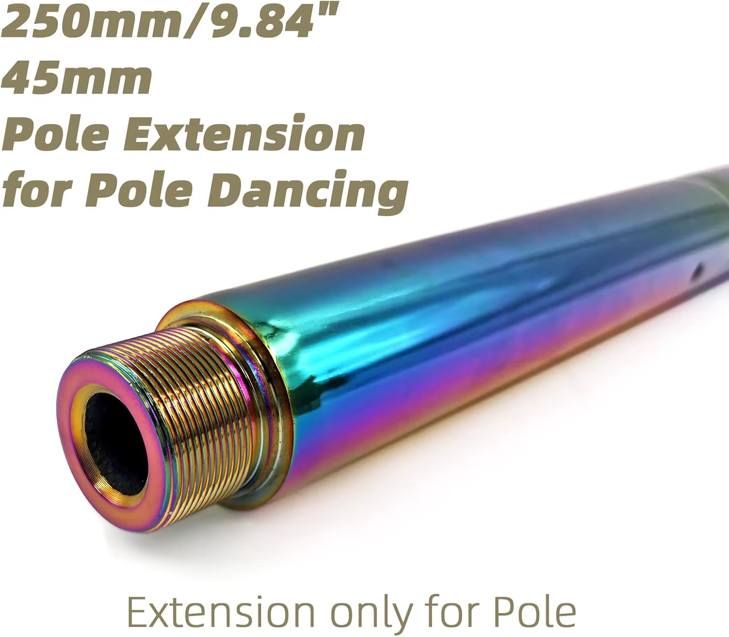 Tube d'extension de 250 mm pour barre de pole dance, diamètre de préhension 45 mm, chrome arc-en-ciel, hauteur réglable (seul le tube)