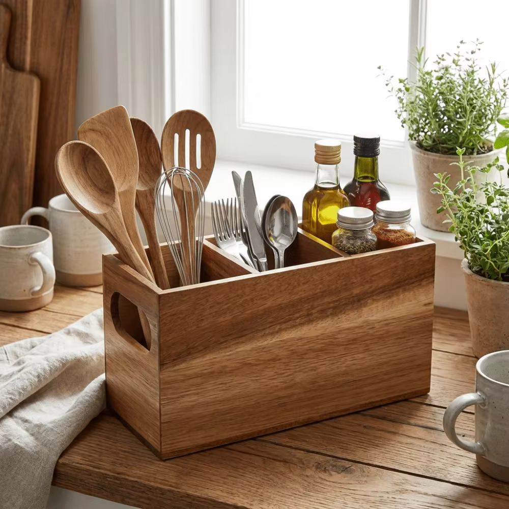 Organisateur d'ustensiles de cuisine en bois à 3 compartiments, support de rangement durable et rustique pour couverts, gain de place