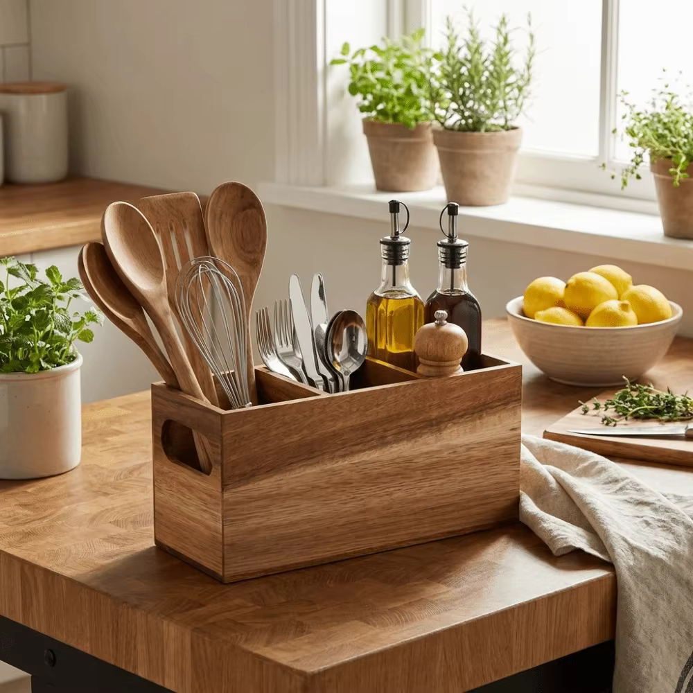 Organisateur d'ustensiles de cuisine en bois à 3 compartiments, support de rangement durable, boîte de rangement rustique pour couverts, gain de place, pour comptoir