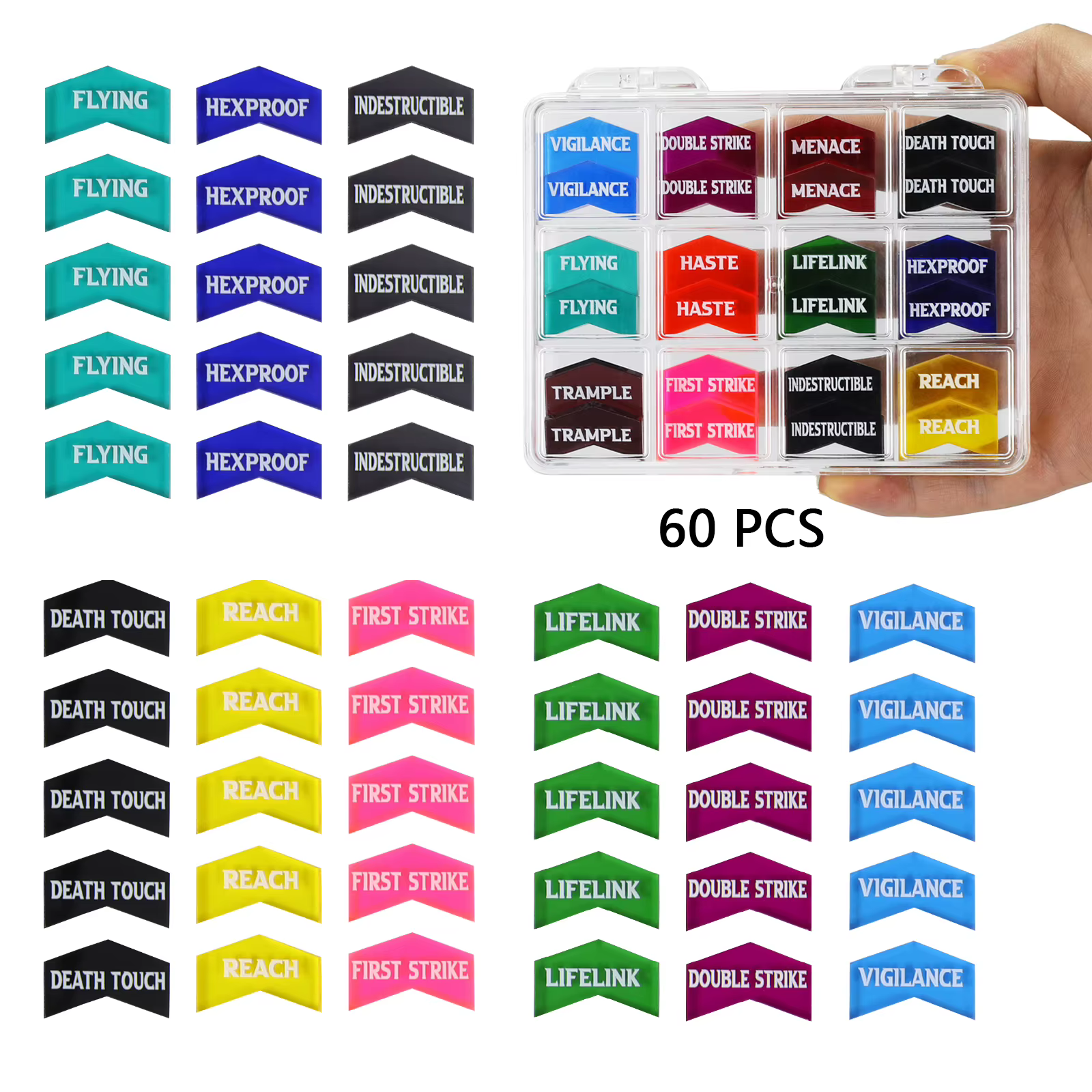 Ensemble de compteurs de mots clés MTG, 60 pièces, 12 Types de capacités, jetons pour Magic The Gathering, Pokémon TCG, 12 couleurs avec boîte de rangement, Premium