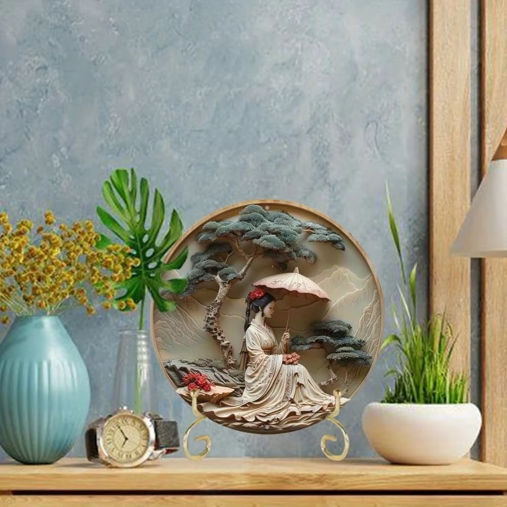 Femme élégante ronde en aluminium avec parapluie, art mural, étanche, pré-percé, haute qualité, décoration intérieure et extérieure, 8 po, 11,8 po