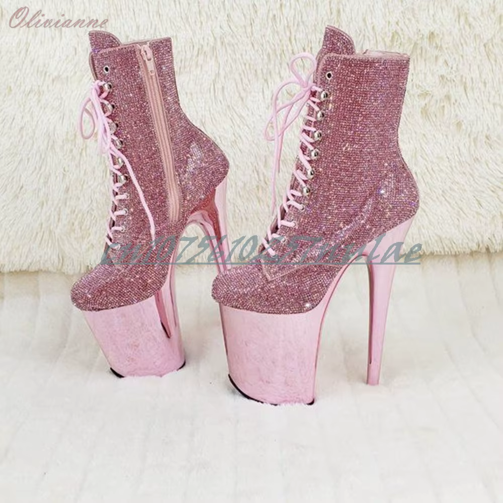 Bottes mi-mollet à lacets roses scintillantes pour pole dance, talons aiguilles, chaussures sexy pour femmes, performance printanière sur scène
