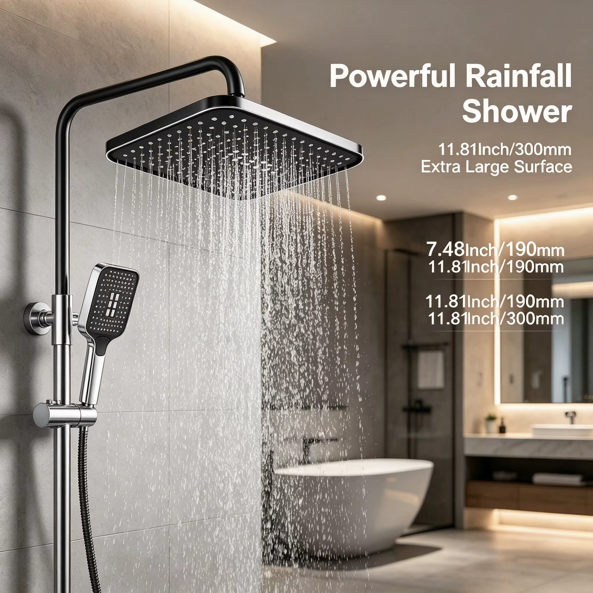 Système de douche carré noir 300 mm avec pommeau de pluie et douchette à main haute pression 3 modes, fixation murale en plastique ABS