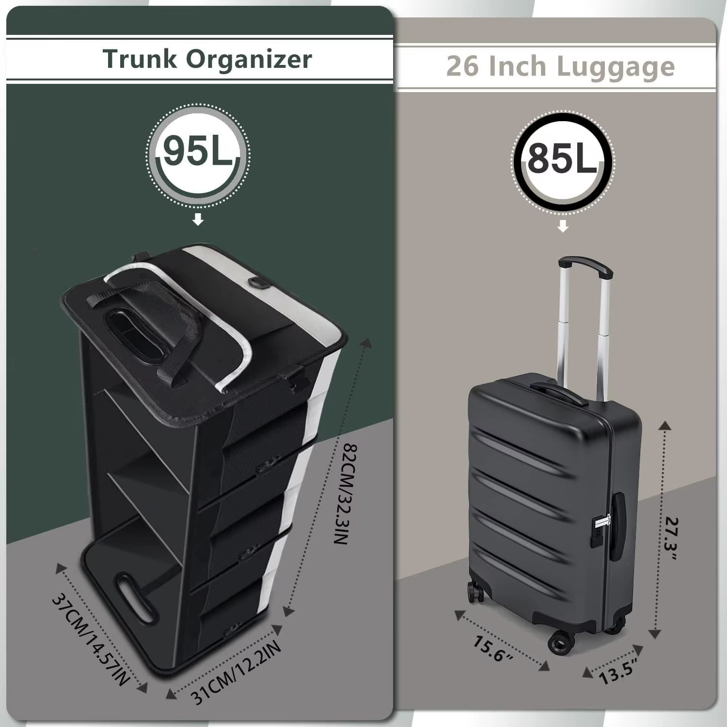 Organisateur de coffre pour voiture, rangement de grande capacité de 95 L avec bandes inférieures antidérapantes et 2 sangles rétractables
