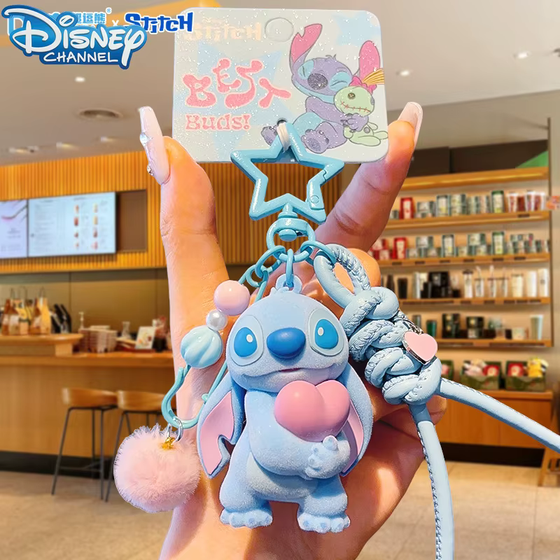 Porte-clés en feutre authentique Disney Stitch, porte-clés de voiture mignon de dessin animé, porte-clés créatif, breloque de sac, accessoire décoratif