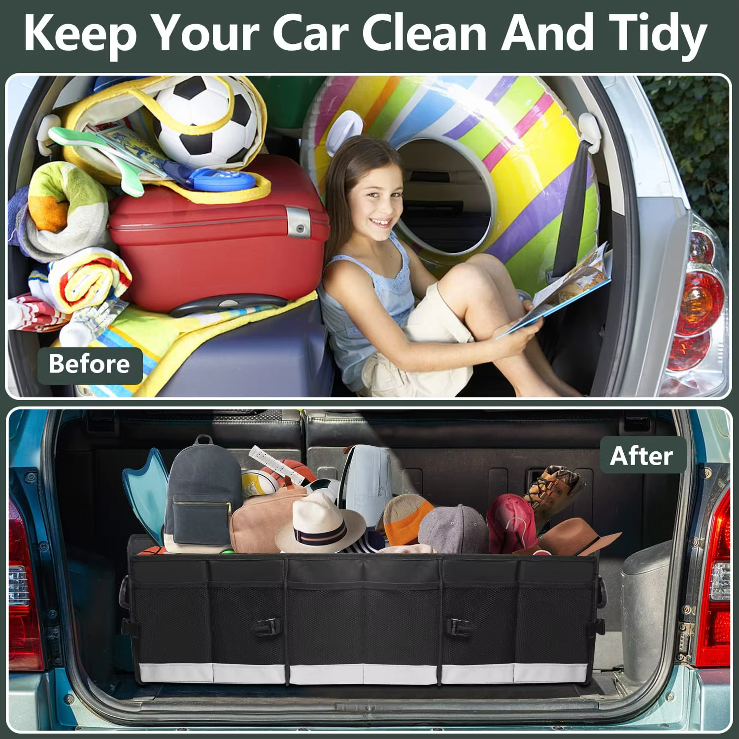 Organisateur de coffre pour voiture, rangement de grande capacité de 95 L avec bandes inférieures antidérapantes et 2 sangles rétractables