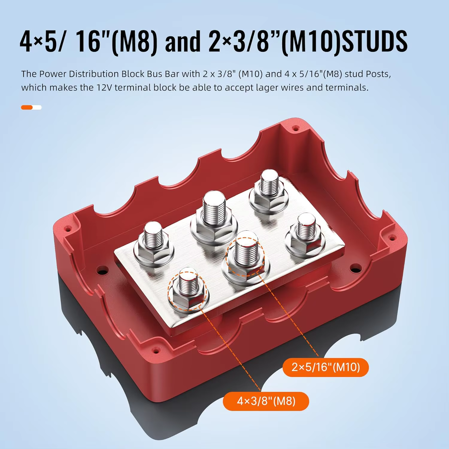 Barre omnibus 500A avec goujons 4*5/16 "(M8) + 2*3/8" (M10), bloc de Distribution de bornes de batterie marine automobile 48V DC avec couvercle