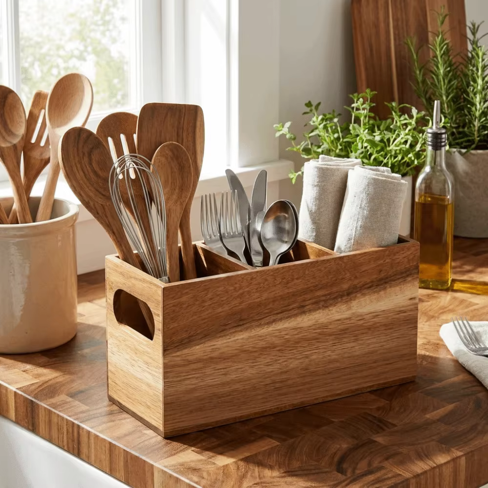 Organisateur d'ustensiles de cuisine en bois, gain de place, 3 compartiments, porte-couverts rustique et durable, support de rangement pour cuisine