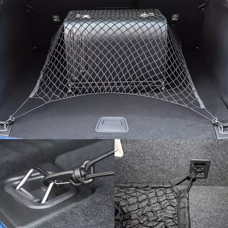 Filet de rangement pour coffre avec crochet extensible et matériau en nylon pour une durabilité accrue. Convient aux camionnettes