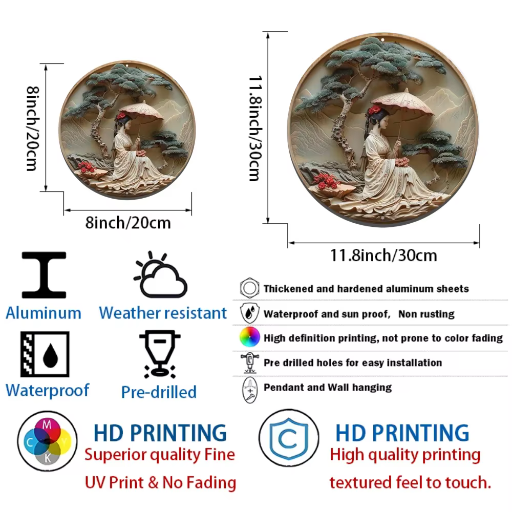 Femme élégante ronde en aluminium avec parapluie, art mural, étanche, pré-percé, haute qualité, décoration intérieure et extérieure, 8 po, 11,8 po