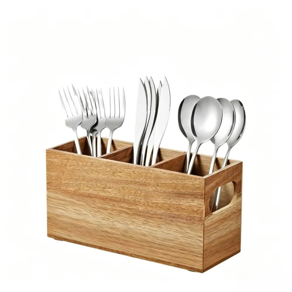 Organisateur d'ustensiles de cuisine en bois à 3 compartiments, support de rangement durable, boîte de rangement rustique pour couverts, gain de place, pour comptoir