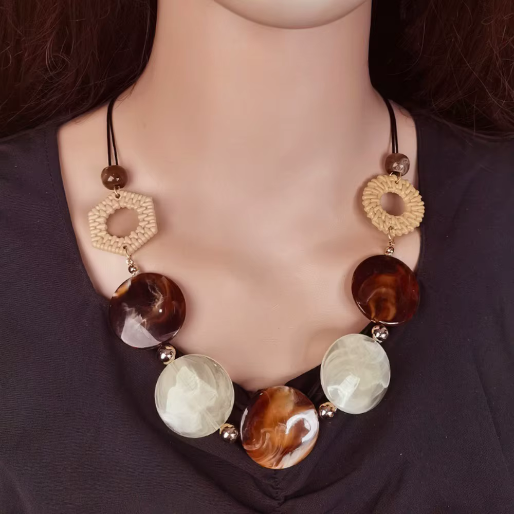 Collier Vintage en Rotin, Accessoires en Acrylique Faits à la Main, Pièce Ronde Géométrique