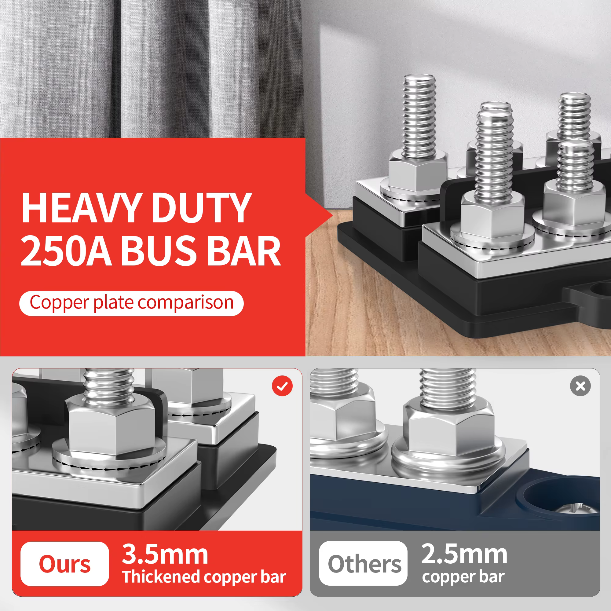Barre omnibus double 250A 12V, bloc de Distribution d'énergie à double rangée, goujons de Terminal 12x5/16 pouces, barre omnibus pour batterie positive et négative
