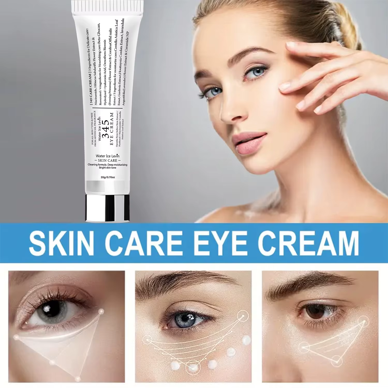 Crème pour les yeux au collagène avec acide hyaluronique, rétinol, tocophère et glycérine, une crème pour les yeux à action tenseur rapide, pour lisser, raffermir et revitaliser.