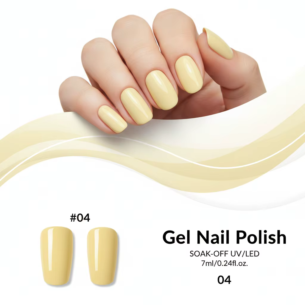 Vernis à ongles jaune citron, gel haute brillance, couleur intense, longue tenue sans décoloration, sans alcool, texture liquide.