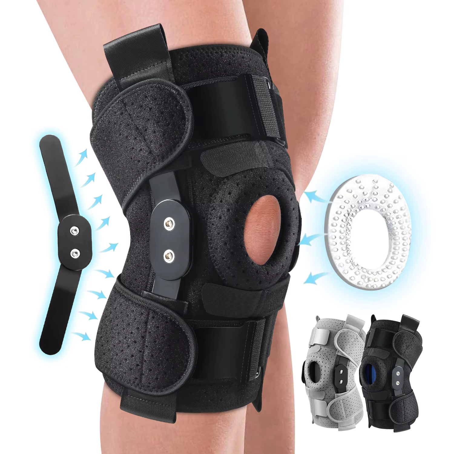 Genouillère articulée avec stabilisateurs latéraux et coussinets de Gel rotulien, douleur au genou pour hommes et femmes, déchirure du ménisque, récupération des blessures Acl Mcl