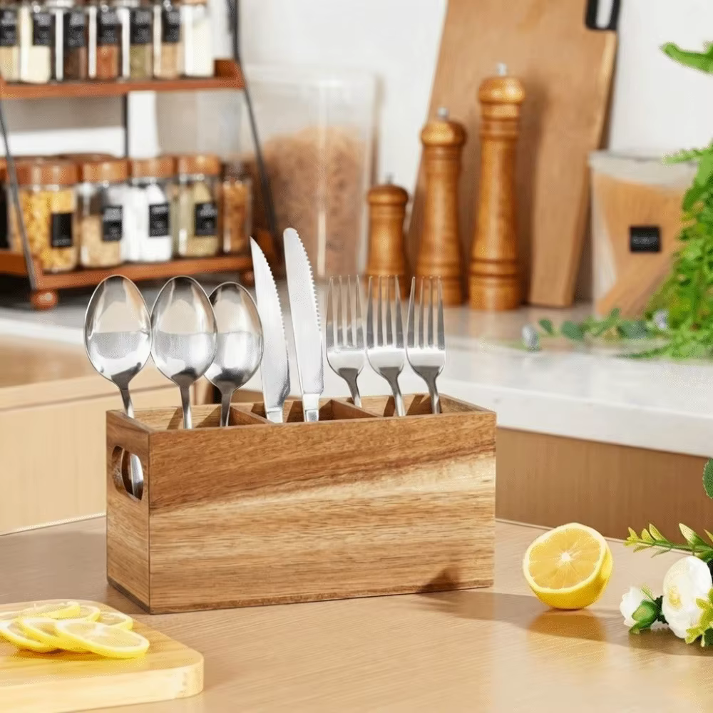 Organisateur d'ustensiles de cuisine en bois à 3 compartiments, support de rangement durable, boîte de rangement rustique pour couverts, gain de place, pour comptoir