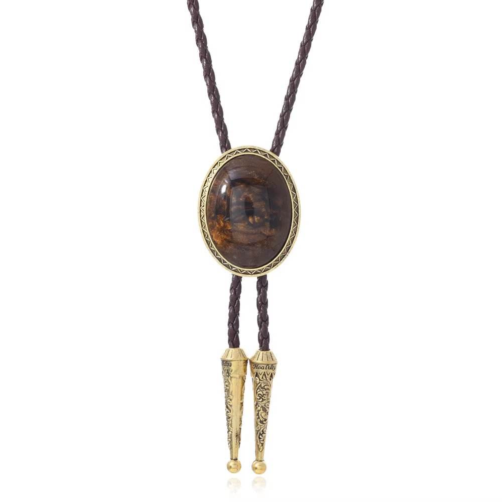 Mode Vintage alliage Agate couleur Bolo cravate longue en cuir pull chaîne cravate Style Cowboy occidental pour femmes hommes accessoire