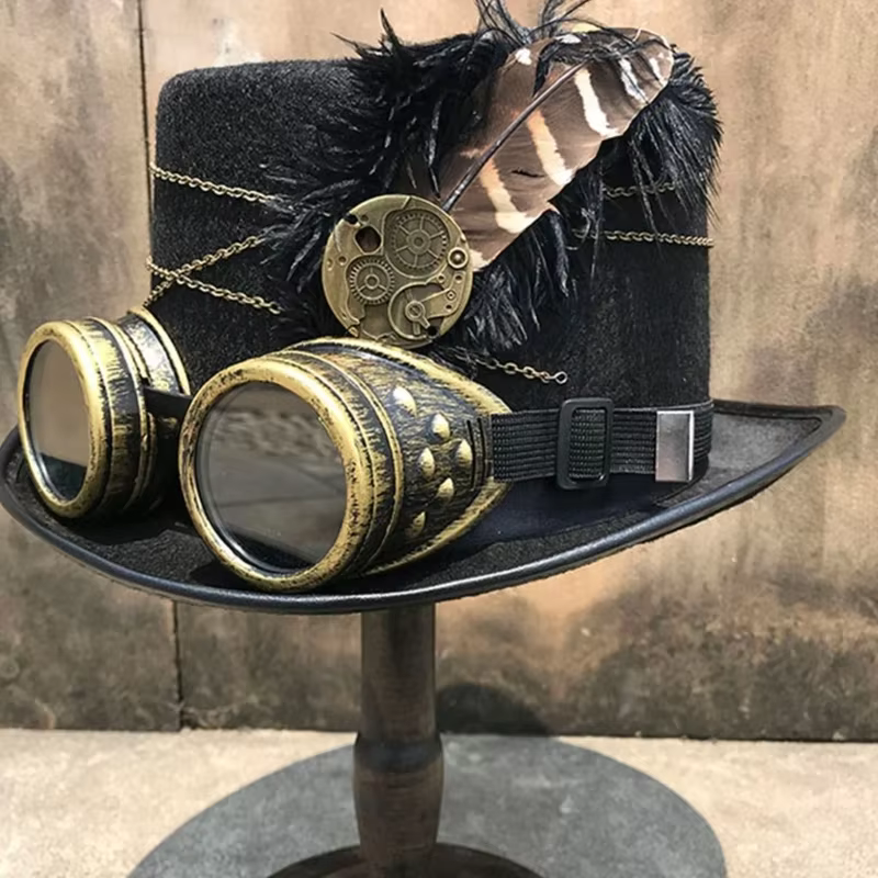 Steampunk chapeau haut-de-forme en feutre laine chapeau victorien avec lunettes plumes Costume unisexe casquette gothique