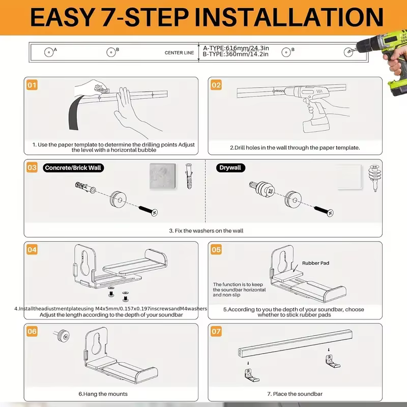 Support de montage mural pour barre de son pour Samsung, Bose, Vizio, LG, Sony avec profondeur réglable de 3,4 à 5,8 pouces, supports sous TV pouvant contenir jusqu'à 30 lb