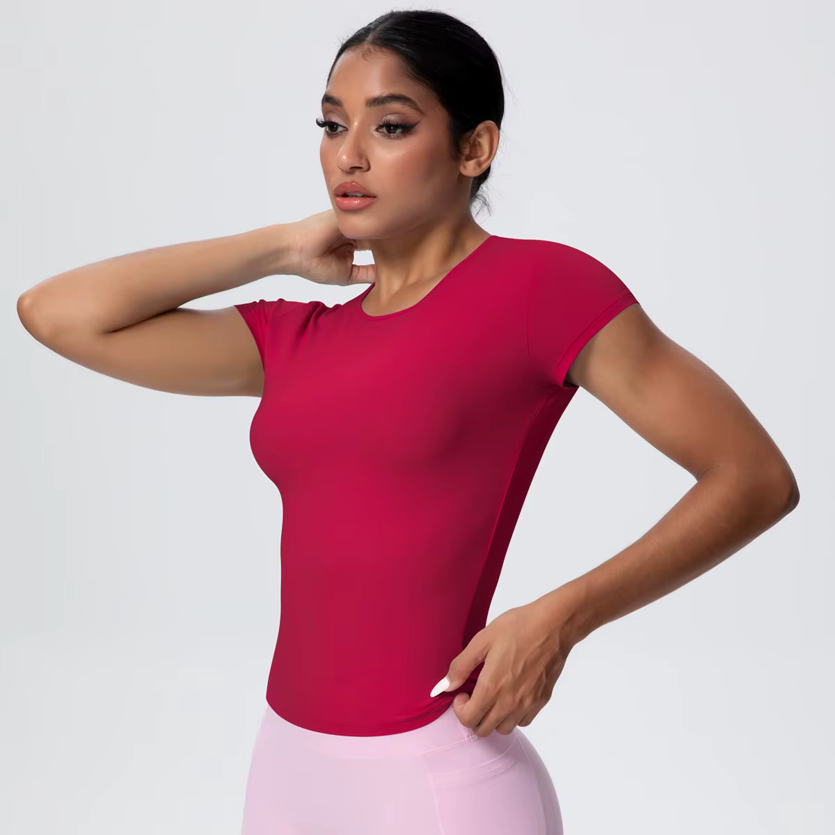 Femme couleur unie haut d'entraînement T-Shirt séchage rapide respirant à manches courtes sport de gymnastique course