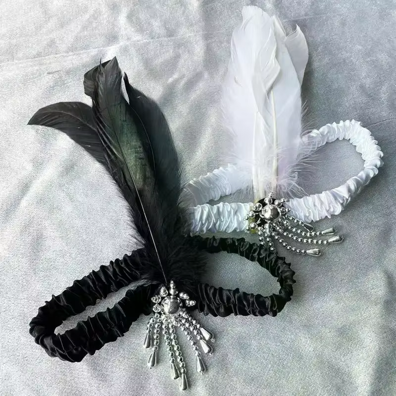 Accessoires pour cheveux noirs pour femmes, bandeau perlé rétro années 20, coiffe de soirée pour dames, serre-tête à plumes