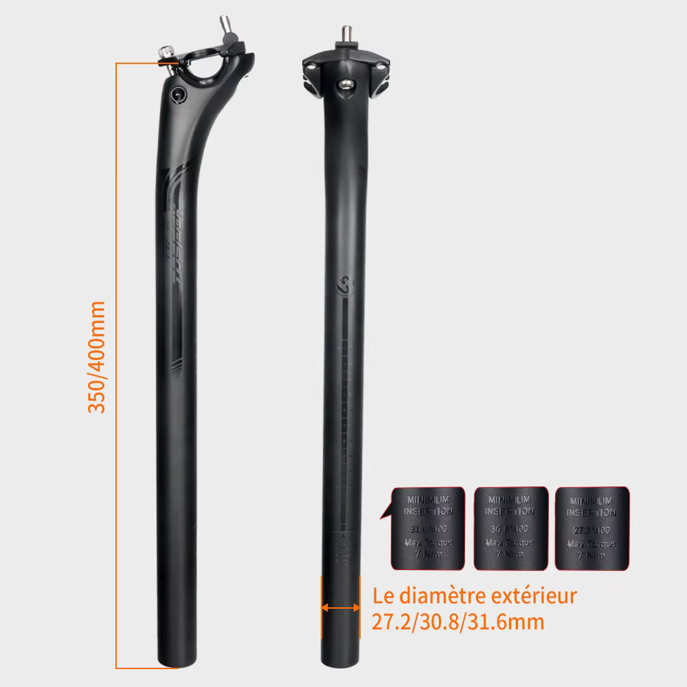 TOSEEK tige de selle en carbone 27.2 31.6mm longueur 400mm noir mat vtt