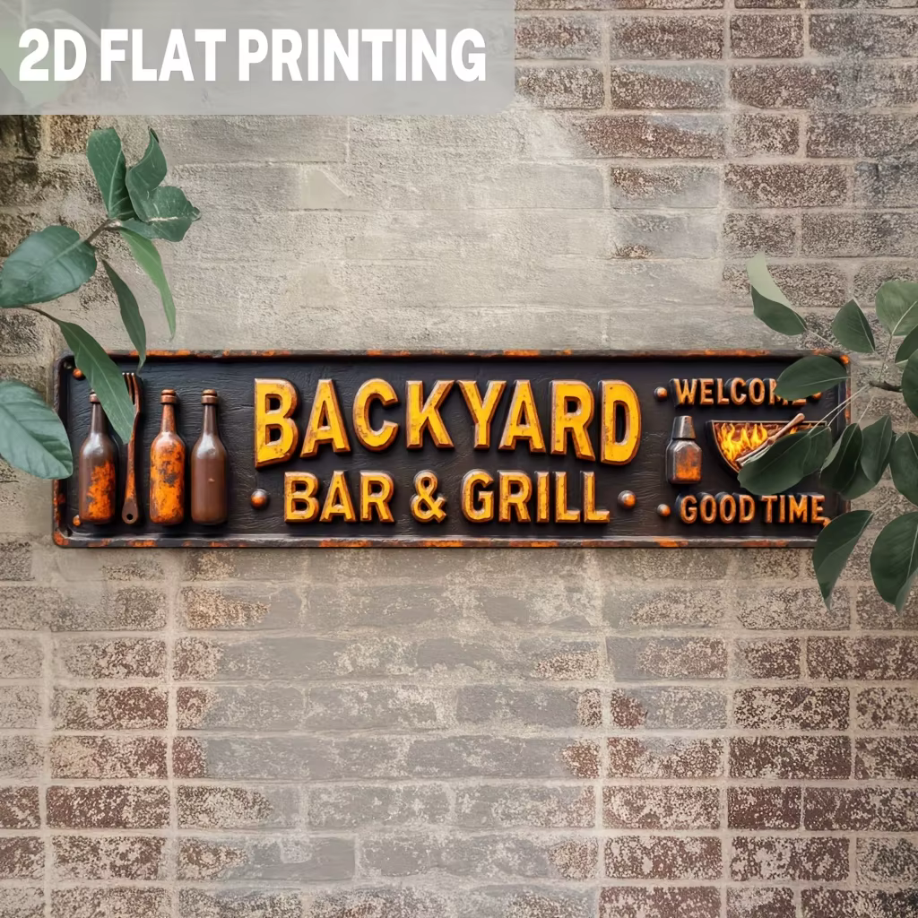 2D plat - [2D plat] Design 2D - un panneau métallique pour bar et barbecue dans une ferme - Impression 2D, thème de fête de barbecue vintage, kit