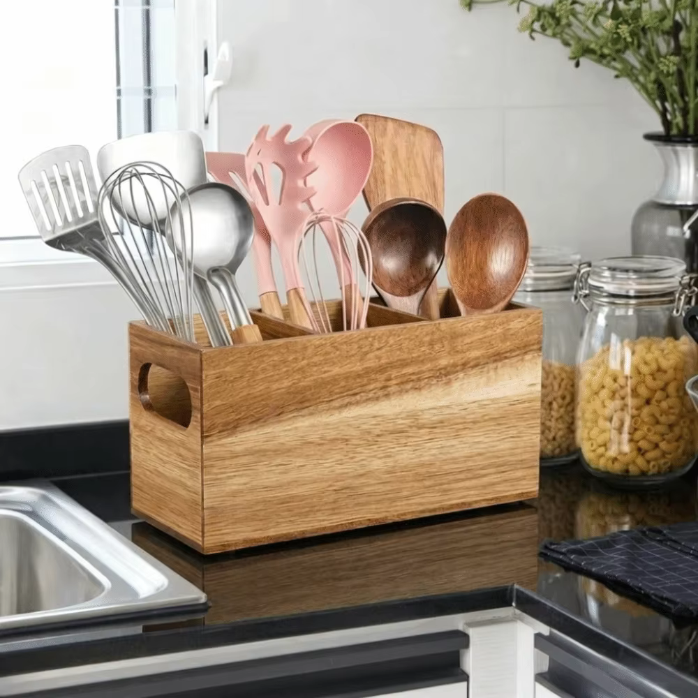 Organisateur d'ustensiles de cuisine en bois à 3 compartiments, support de rangement durable et rustique pour couverts, gain de place