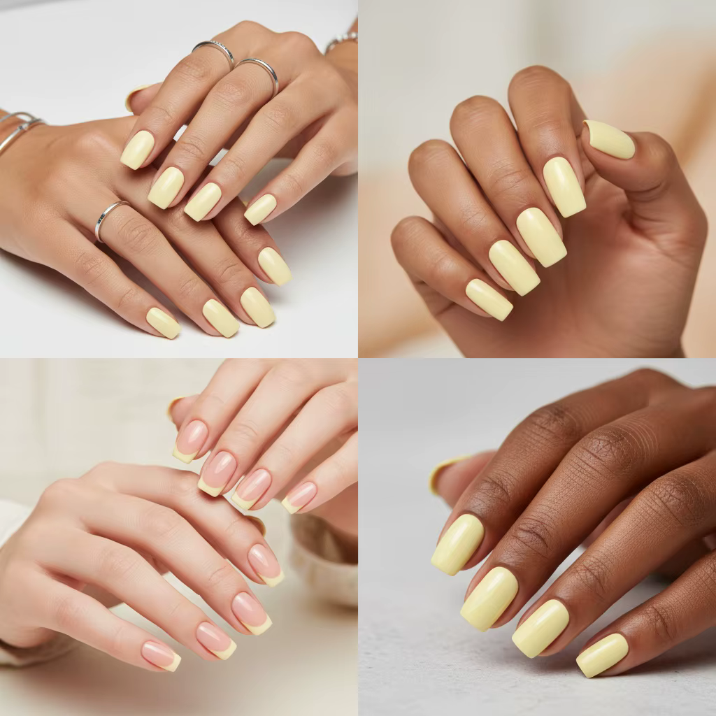 Vernis à ongles jaune citron, gel haute brillance, couleur intense, longue tenue sans décoloration, sans alcool, texture liquide.