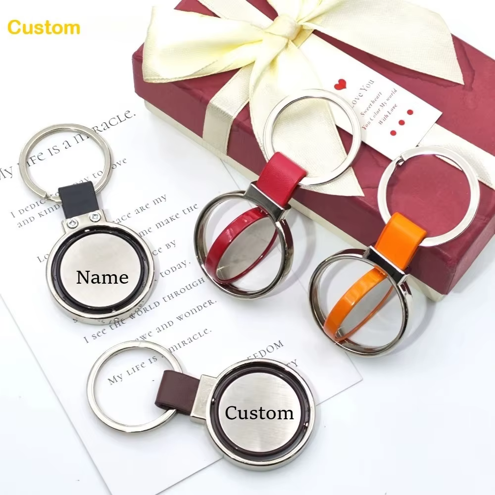 Porte-clés personnalisable en cuir avec pendentif, petit cadeau, accessoires à boucle métallique, porte-clés rotatif en cuir avec logo