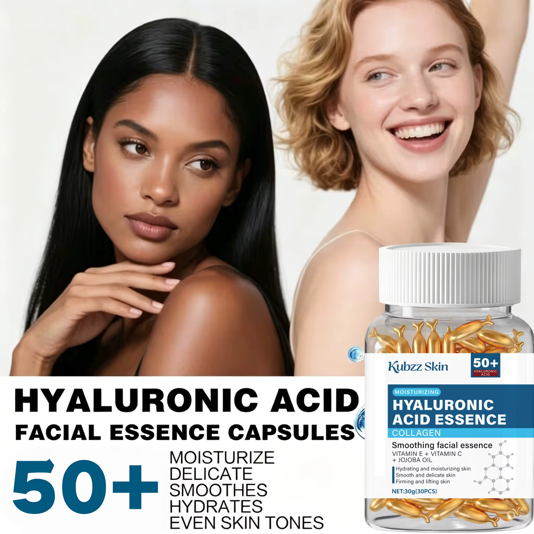 Capsule hydratante en profondeur à l'acide hyaluronique, hydrate et lisse la peau, contient du collagène, de l'huile de jojoba synthétique et de l'acide ascorbique.