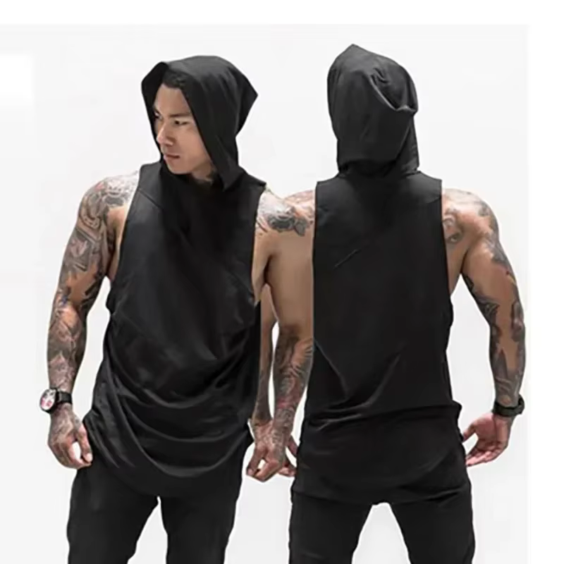 Musculation coton gilet à capuche débardeurs hommes salle de sport chemise sans manches Fitness