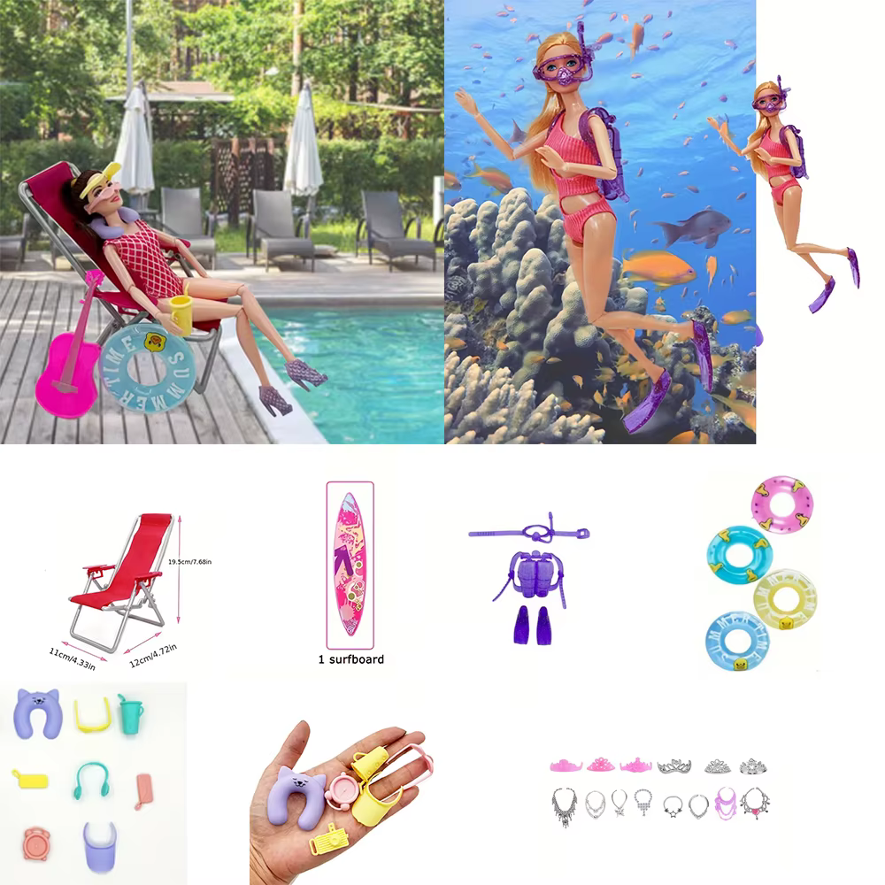Accessoires de poupée amusants et mignons pour poupées de 11.5 pouces/30cm, Mini articles, accessoires pour maison de poupée, chaise de plage, colliers de planche de surf, outils d'étude, bricolage