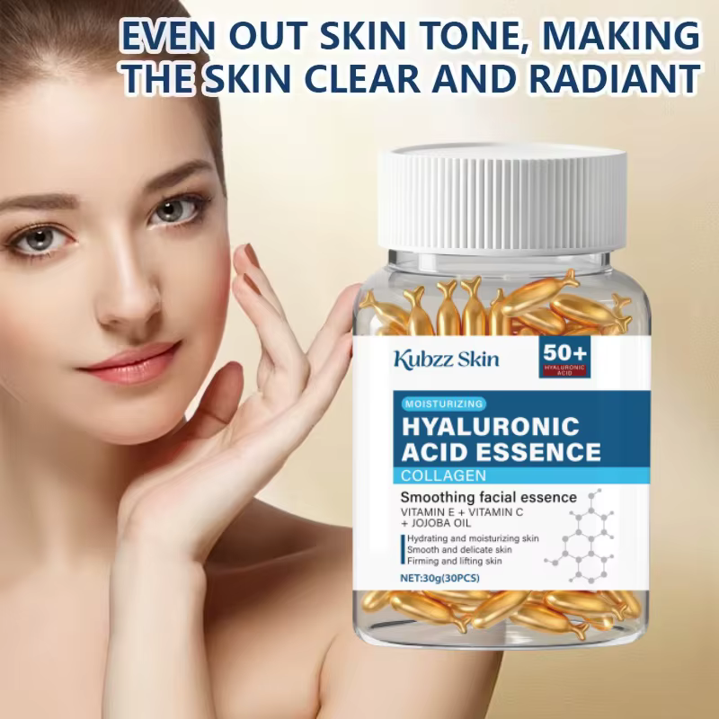 Capsule hydratante en profondeur à l'acide hyaluronique, hydrate et lisse la peau, contient du collagène, de l'huile de jojoba synthétique et de l'acide ascorbique.