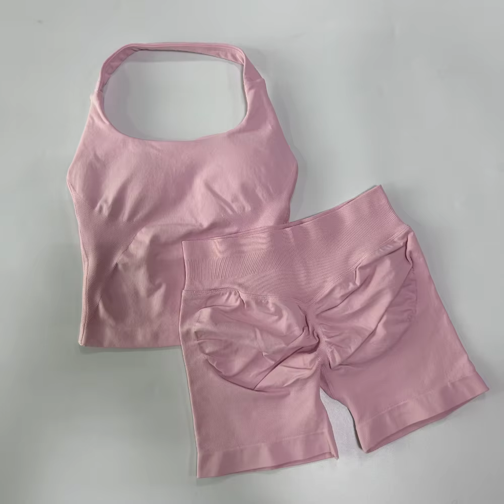 Ensemble de sport 2 pièces sans logo pour femme : haut dos nu à licou et short taille haute sans couture