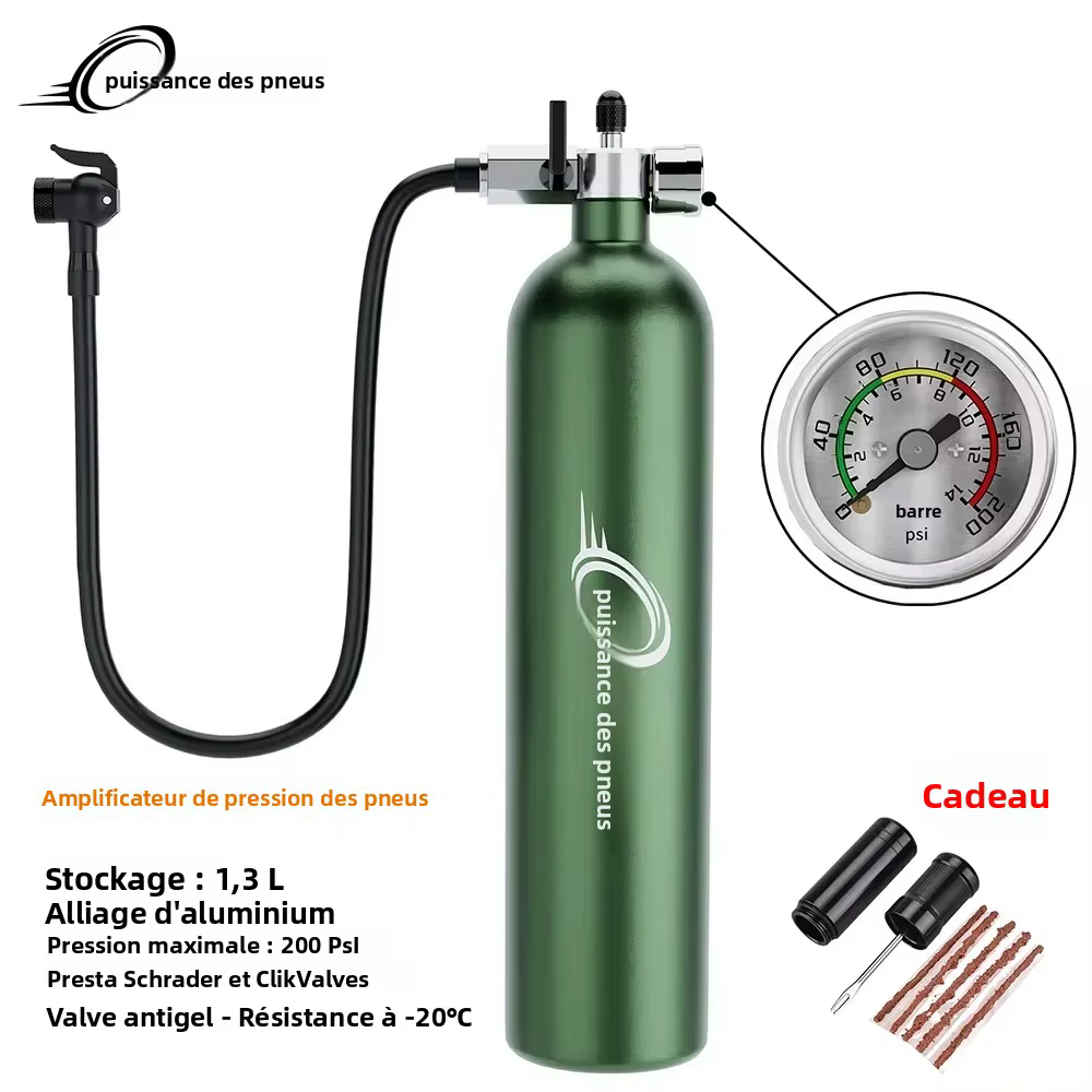 Bouteille d'air en aluminium 1,3 L 200 PSI pour gonflage de pneus, avec valve, cylindre de gaz et manomètre transparent pour vélo et tubeless