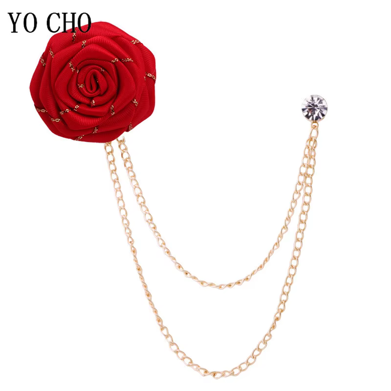 Broches de mariage pour hommes, Art en tissu, fleur de Rose faite à la main, Badge, chaîne à pampilles, accessoires de costume pour hommes, boutonnière de marié