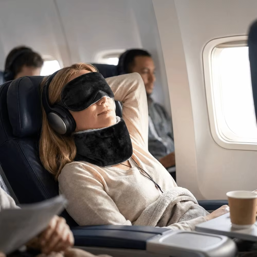 Essentiels de voyage : Masque de voyage ajustable, Sangle de soutien ergonomique multifonctionnelle pour la tête, Coussin de nuque souple et compact pour voitures