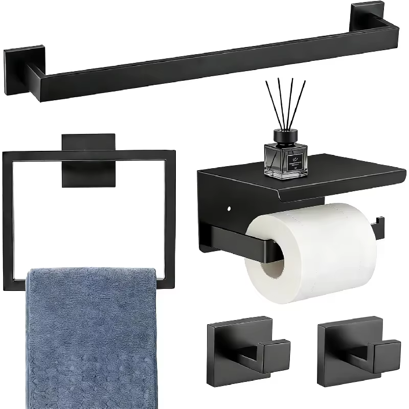 Ensemble de 5 accessoires de salle de bain – Porte-serviettes mural, patère, étagère et porte-papier toilette pour accessoires de salle de bain