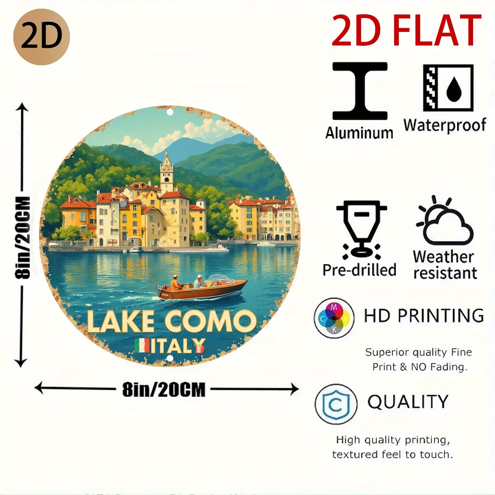 Décoration murale en métal sur le thème du lac de Como en Italie - Plaque en étain rétro, idéale pour la maison ou la décoration sur le thème du voyage - Décoration murale vintage avec paysage italien