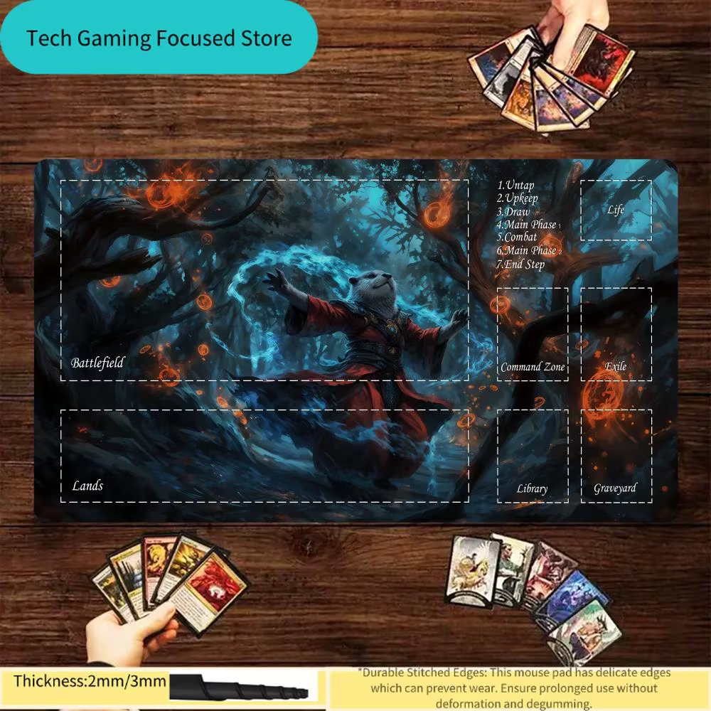 Tapis de jeu Magic: The Gathering, Otter Wizard in Enchanted Forest avec zones de structure de jeu MTG, épaisseur 2mm/3mm, coutures durables