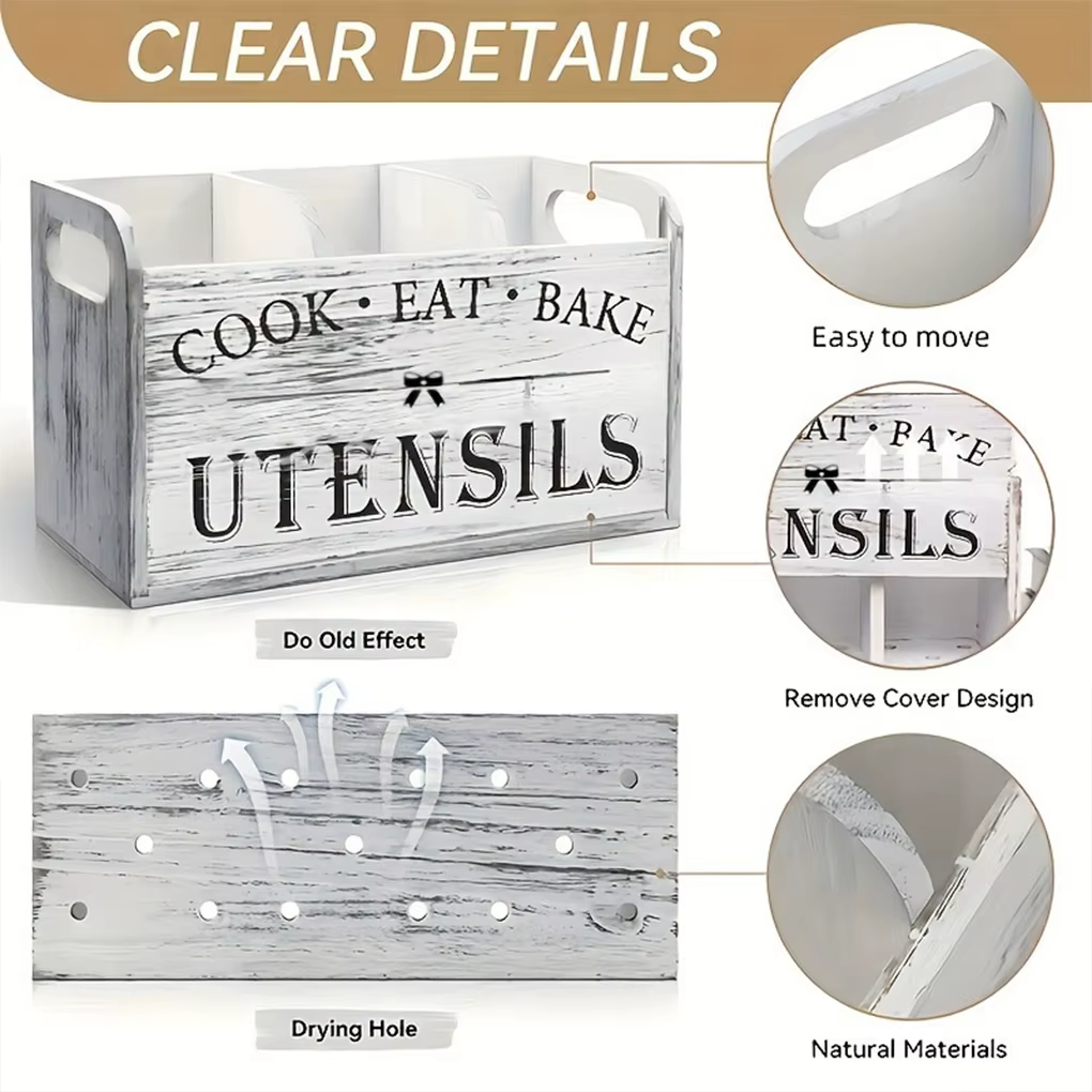 Porte-ustensiles de cuisine en bois, organisateur d'ustensiles, support de vaisselle à 3 compartiments avec trous de Drainage pour barres de collation largement utilisé