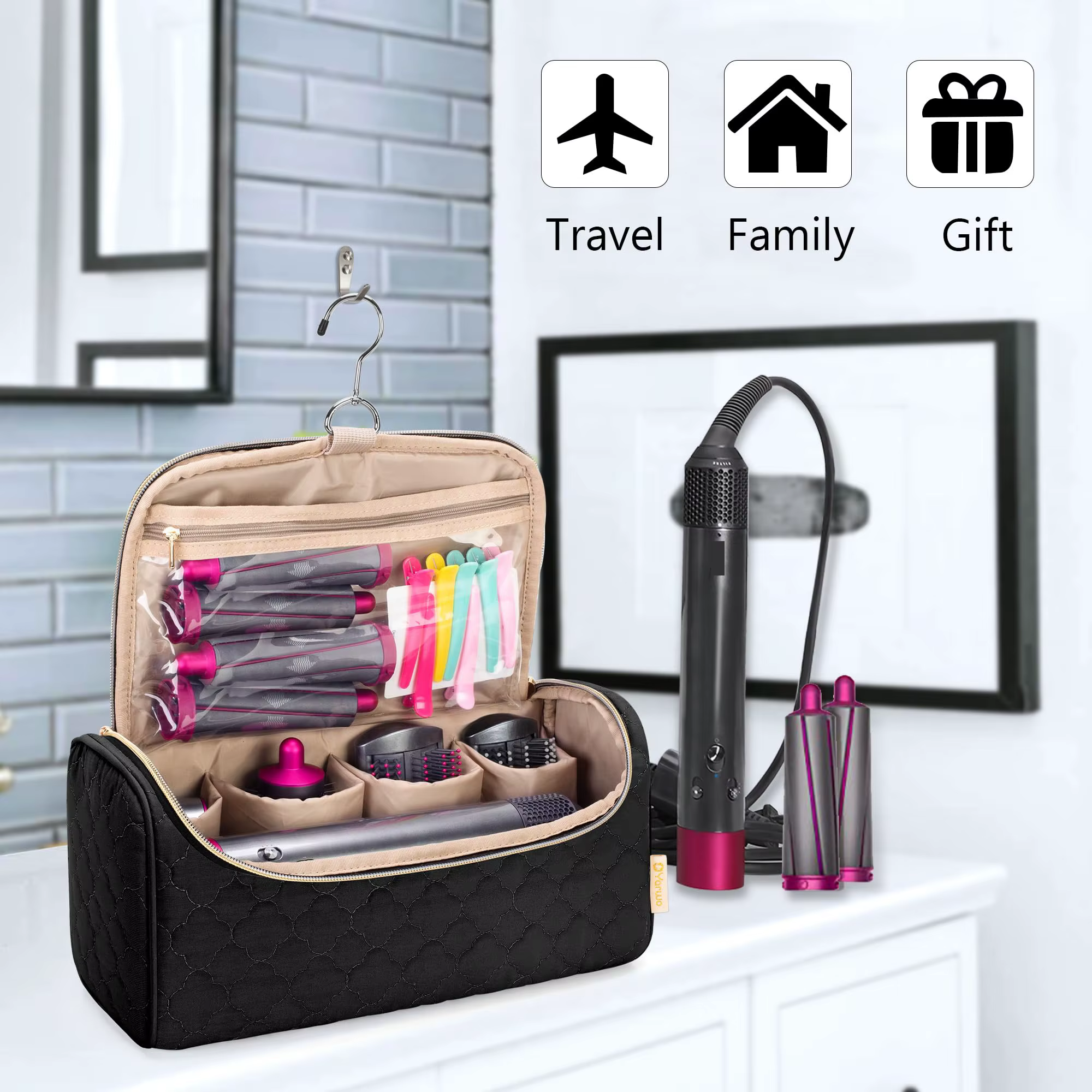Étui de voyage compatible pour Dyson Airwrap Multi-Styler tous les modèles et accessoires, sac de rangement portable avec crochet de suspension noir