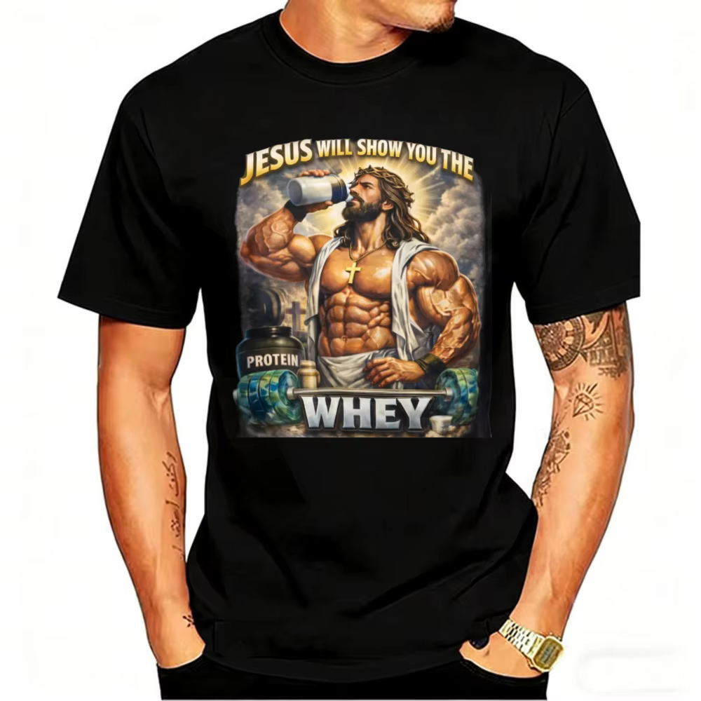 Holding Protein Shake Tee Jesus Will Show You The Whey' Muscle Christian Workout Col rond Style décontracté Manches