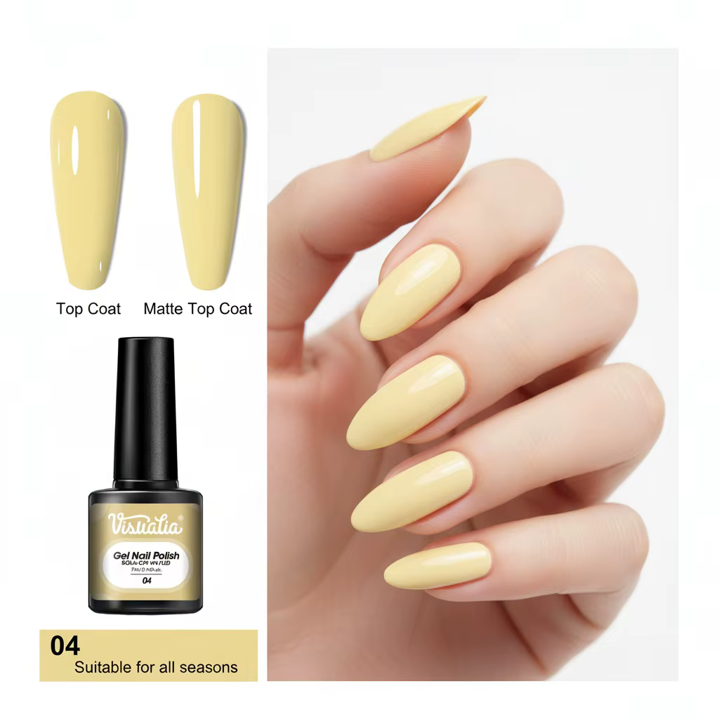 Vernis à ongles jaune citron, gel haute brillance, couleur intense, longue tenue sans décoloration, sans alcool, texture liquide.